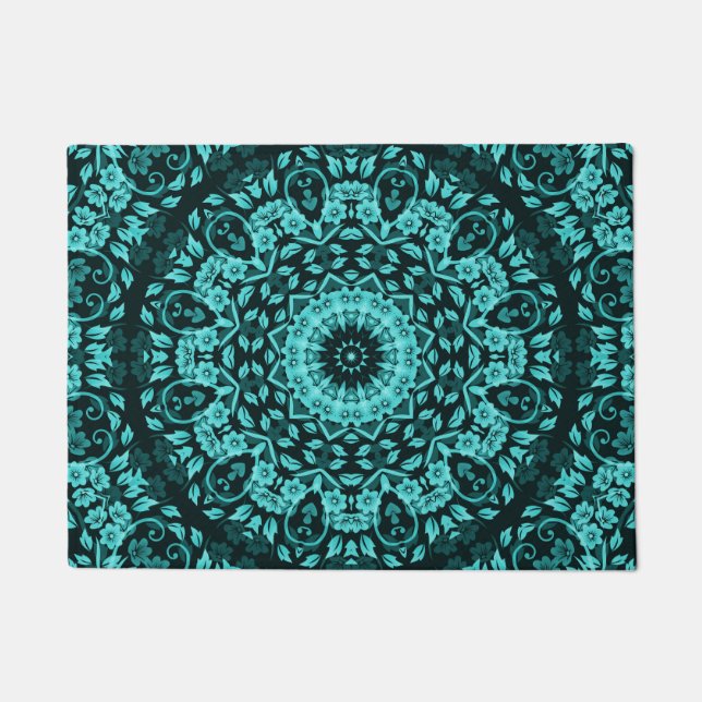 Aquamarin Türkis Floral Mandala Fußmatte (Vorderseite)