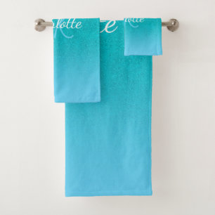 Aquamarin-Türkis-Glitzer-Aqua-Monogramm-Initialen Badhandtuch Set