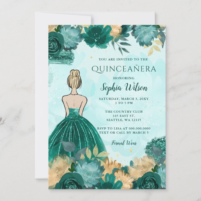 Aquamarin Türkis Gold Floral Princess Quinceañera Einladung (Vorderseite)