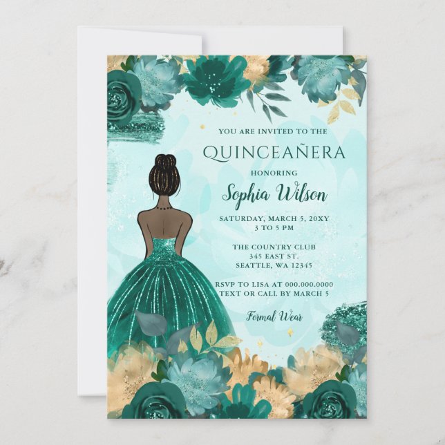 Aquamarin Türkis Gold Floral Princess Quinceañera Einladung (Vorderseite)