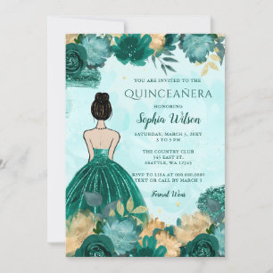Aquamarin Türkis Gold Floral Princess Quinceañera Einladung