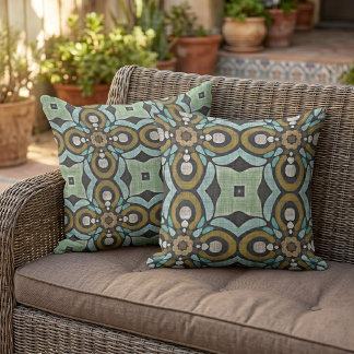 Aquamarin-Türkis-Ochre-Mustard-Grüne Tribal Art Kissen