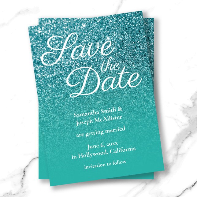 Aquamarin Türkis Ombre Glitzer Save the Date Einladung (Teal Turquoise Ombre Glitter Save the Date Invitation)