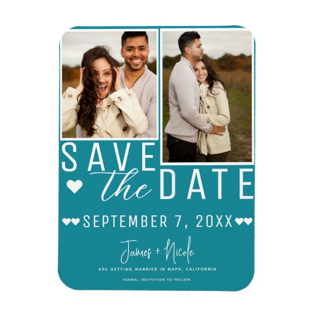 Aquamarin Türkis Save the Date 2 Foto Hochzeit Magnet (Vertikal)