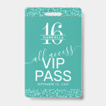 Aquamarin Türkis Sweet 16 Einladung VIP Pass Abzei Ausweis<br><div class="desc">Custom Turquoise Aqua Aquamarin Blue-Green Glitzer Sweet 16 VIP All-Access Pass Abzeichen Einladung mit einem 16. Geburtstag Monogramm - oder personalisieren Sie mit jedem einzelnen Gastnamen für Ihr Glam 16 . Geburtstag Party. Auf der Rückseite sind Einladungsdetails mit eleganten und modernen Schriftart mit kalligraphischen Schriftzeichen-Akzenten für kursive Schriftart gedruckt. Glitzer...</div>