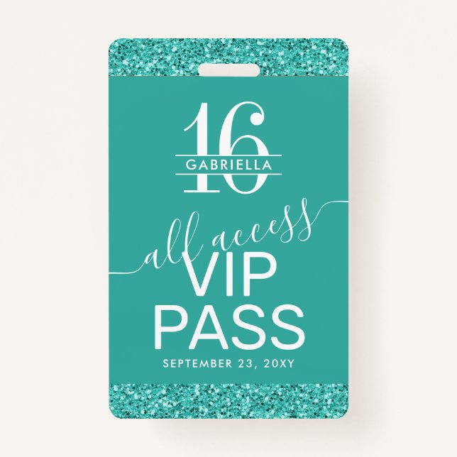 Aquamarin Türkis Sweet 16 Einladung VIP Pass Abzei Ausweis (Vorderseite)
