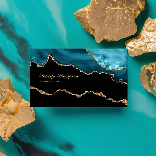 Aquamarin - Türkis und Gold Agate Stone QR Code Visitenkarte (Von Creator hochgeladen)