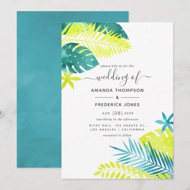 Aquamarin - Türkis und Lemon Tropical Wedding Einladung (Vorne/Hinten)