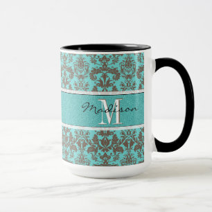 Aquamarin Türkisblau und braun Damaske, Personalis Tasse