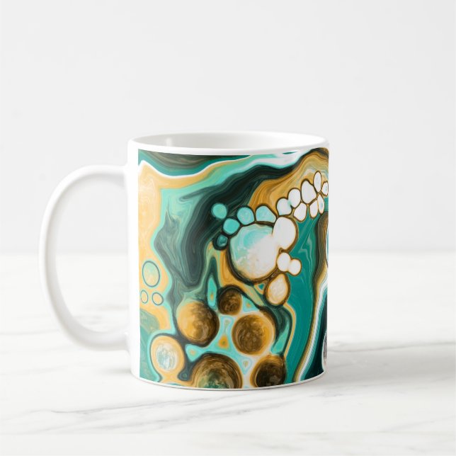 Aquamarin, türkisfarben, goldfarben, weißes Fluid  Kaffeetasse (Links)