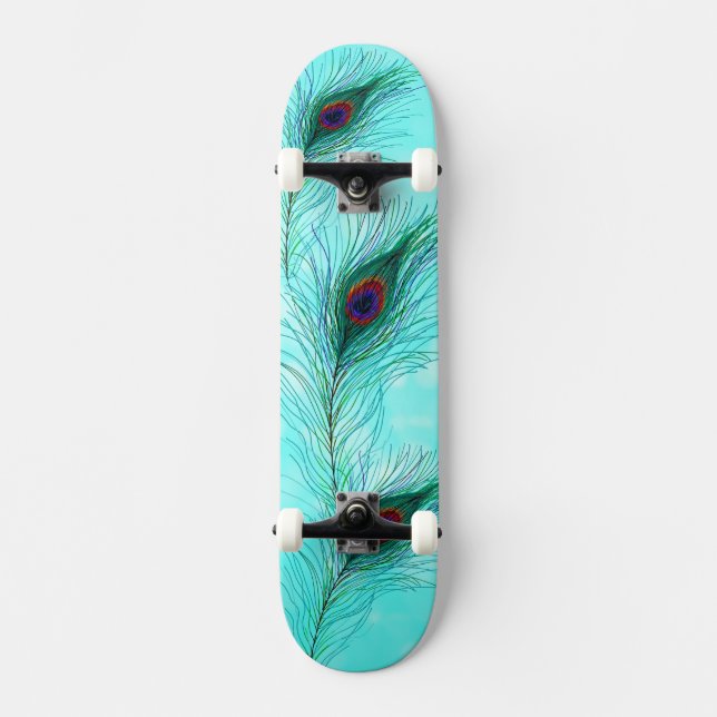 Aquamarin türkisfarbene Lila Pfauenfedern Skateboard (Vorderseite)