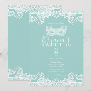Aquamarin türkisfarbene Spitzenmasquerade Sweet 16 Einladung
