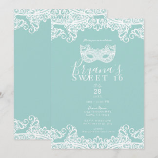 Aquamarin türkisfarbene Spitzenmasquerade Sweet 16 Einladung