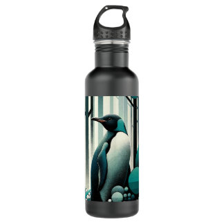 Aquamarin türkisfarbener Pinguin im Art-Déco-Stil Edelstahlflasche