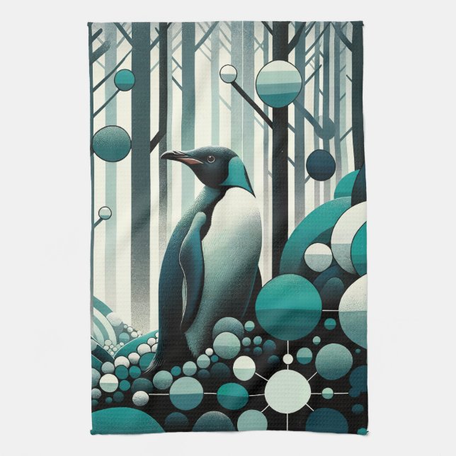 Aquamarin türkisfarbener Pinguin im Art-Déco-Stil Geschirrtuch (Vertikal)