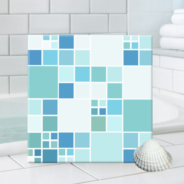 Aquamarin türkisfarbenes geometrisches Muster Bade Fliese (Abstract geometric design checkered bathroom tile in teal turquoise and blue green)