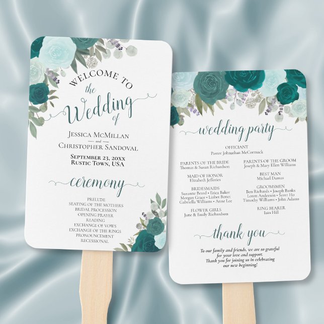 Aquamarin-türkisfarbenes Hochzeitsprogramm für Flo Fächer (Front/Back)