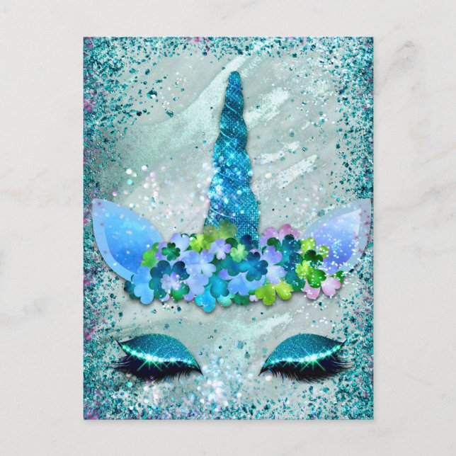 Aquamarin und Aqua Sparkling Unicorn Postkarte (Vorderseite)