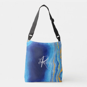 Aquamarin und blau Agate Marble Abstrakt Name Mono Tragetaschen Mit Langen Trägern
