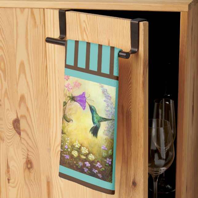 Aquamarin und braun gestreift Hummingbirds Küchent Geschirrtuch (Drittel gefaltet)