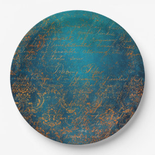 Aquamarin- und Copper Patina Script Paper Plate Pappteller