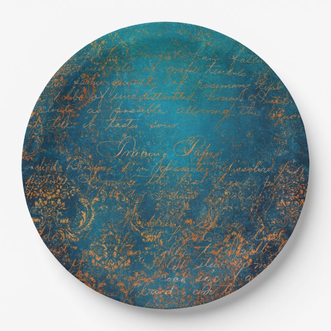 Aquamarin- und Copper Patina Script Paper Plate Pappteller (Vorderseite)