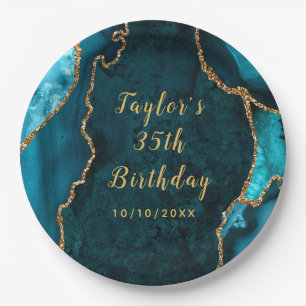 Aquamarin und Gold Agate Marble Geburtstag Pappteller
