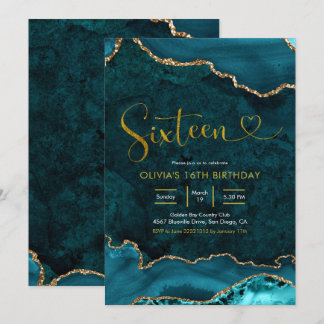 Aquamarin und gold Einladung zum 16. Geburtstag