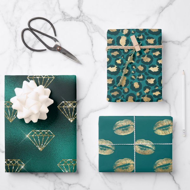 Aquamarin und Gold Geschenkpapier Set (Vorderseite)