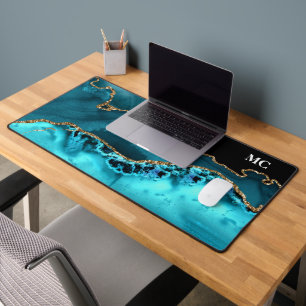 Aquamarin- und Gold-Glitzer-Gatter mit Monogramm Schreibtischunterlage