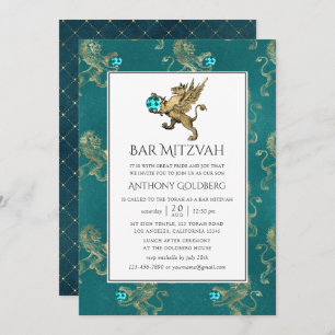 Aquamarin und Gold Heraldic Bar Mitzvah Einladung