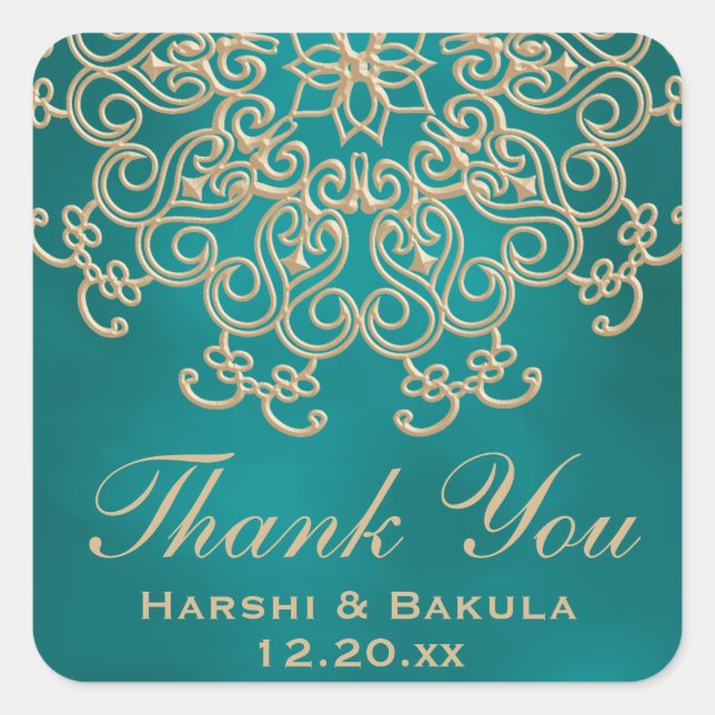 AQUAMARIN UND GOLD INDIAN INSPIRIERT DANK ETIKETT QUADRATISCHER AUFKLEBER (Vorderseite)