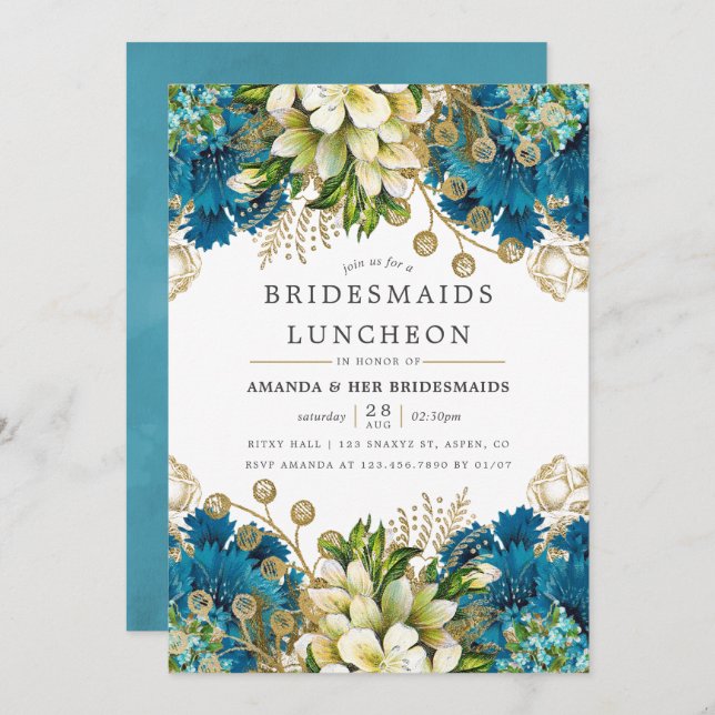Aquamarin und Gold Shabby-Chic Bridesmaids Luncheo Einladung (Vorne/Hinten)
