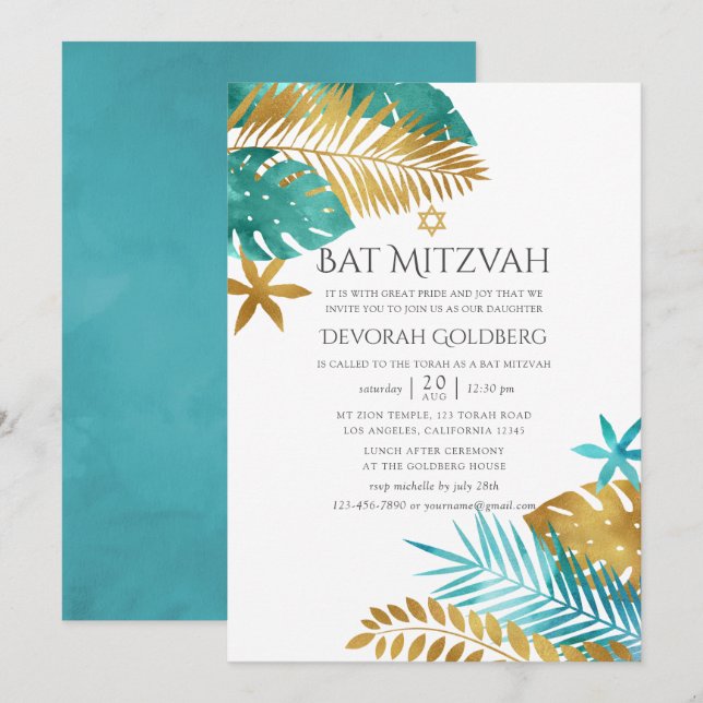 Aquamarin und Gold Tropical Beach Bat Mitzvah Einladung (Vorne/Hinten)