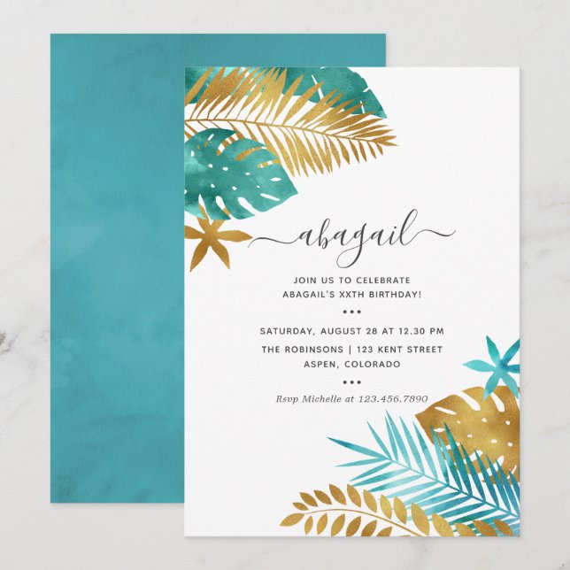 Aquamarin und Gold Tropical Birthday Einladung (Vorne/Hinten)