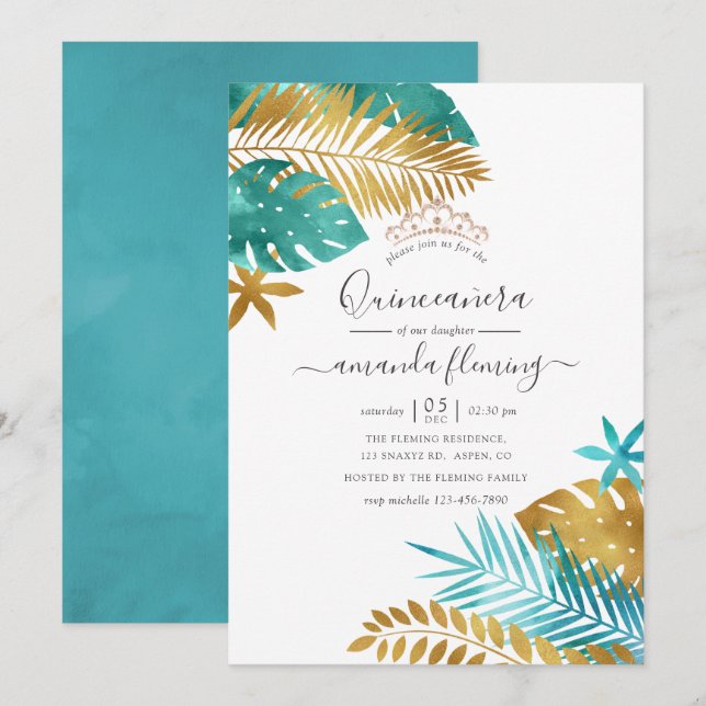 Aquamarin und Gold Tropical Quinceñera Einladung (Vorne/Hinten)