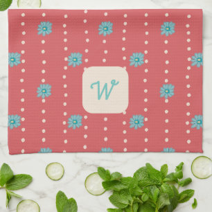 Aquamarin und Korallenfloral Monogram Kitchen Hand Geschirrtuch