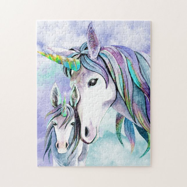 Aquamarin und Lilac Unicorn Mutter und Kind Puzzle (Vertikal)