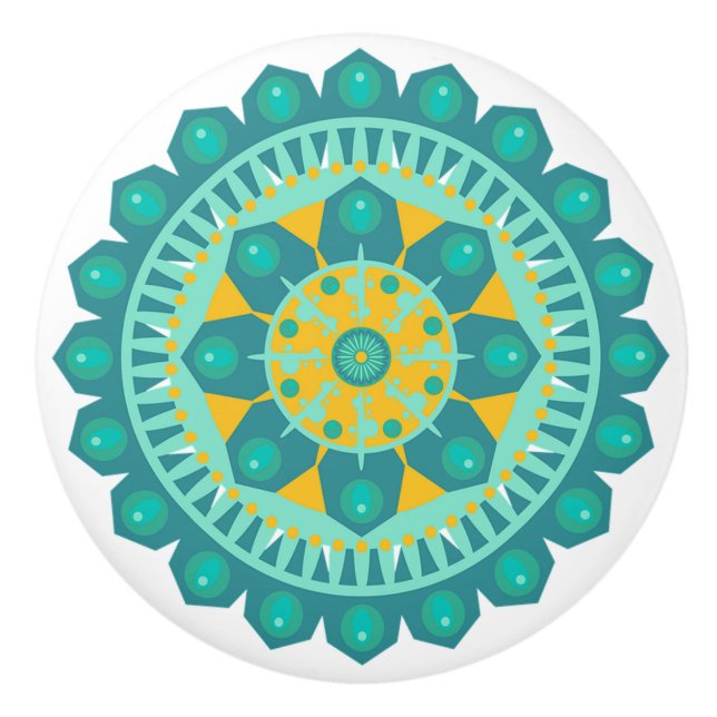 Aquamarin und Orange Mandala Knob Keramikknauf (Vorderseite)