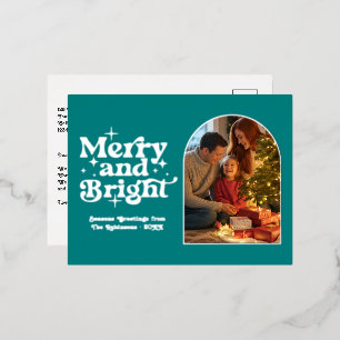 Aquamarin und silber Merry & Bright Retro Weihnach Folien Feiertagspostkarte