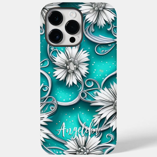 Aquamarin und silber Moderne Abstrakte Blume Case-Mate iPhone Hülle (Rückseite)