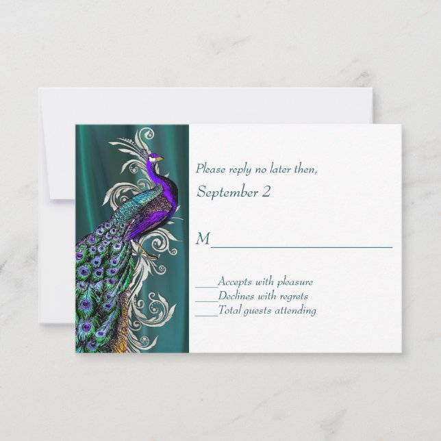 Aquamarin und weiß mit Peacock Wedding RSVP Card (Vorderseite)
