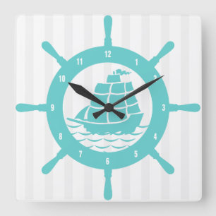 Aquamarin- und Weißschiff-Rad und -Streifen Quadratische Wanduhr