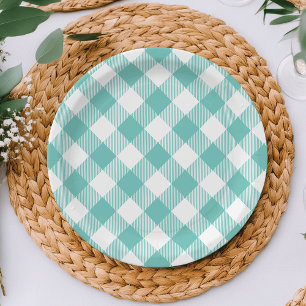 Aquamarin und White Gingham Kariert Pappteller