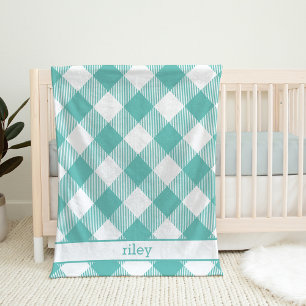 Aquamarin und White Gingham Kariert Personalisiert Fleecedecke