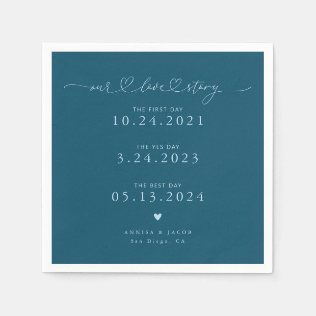 Aquamarin unsere Liebe Story Script Hearts Wedding Serviette (Vorderseite)