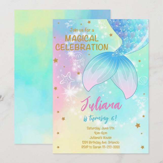 Aquamarin unter Meeresfrüchte Schwanz Birthday Ein Einladung (Vorne/Hinten)