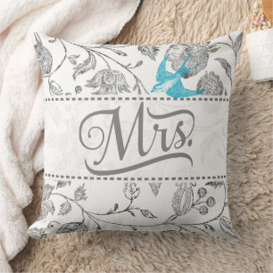 Aquamarin Vintag Bird Gray Floral Mrs. Immer richt Kissen