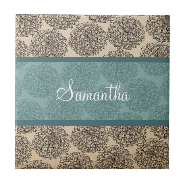 Aquamarin Vintage Zinnia Tile Fliese (Vorderseite)