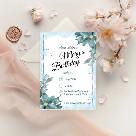 Aquamarin Watercolor Florals Geburtstag Einladung